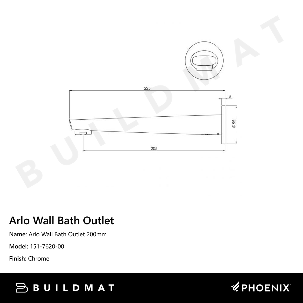 Arlo Wall Bath Outlet 200mm Chrome