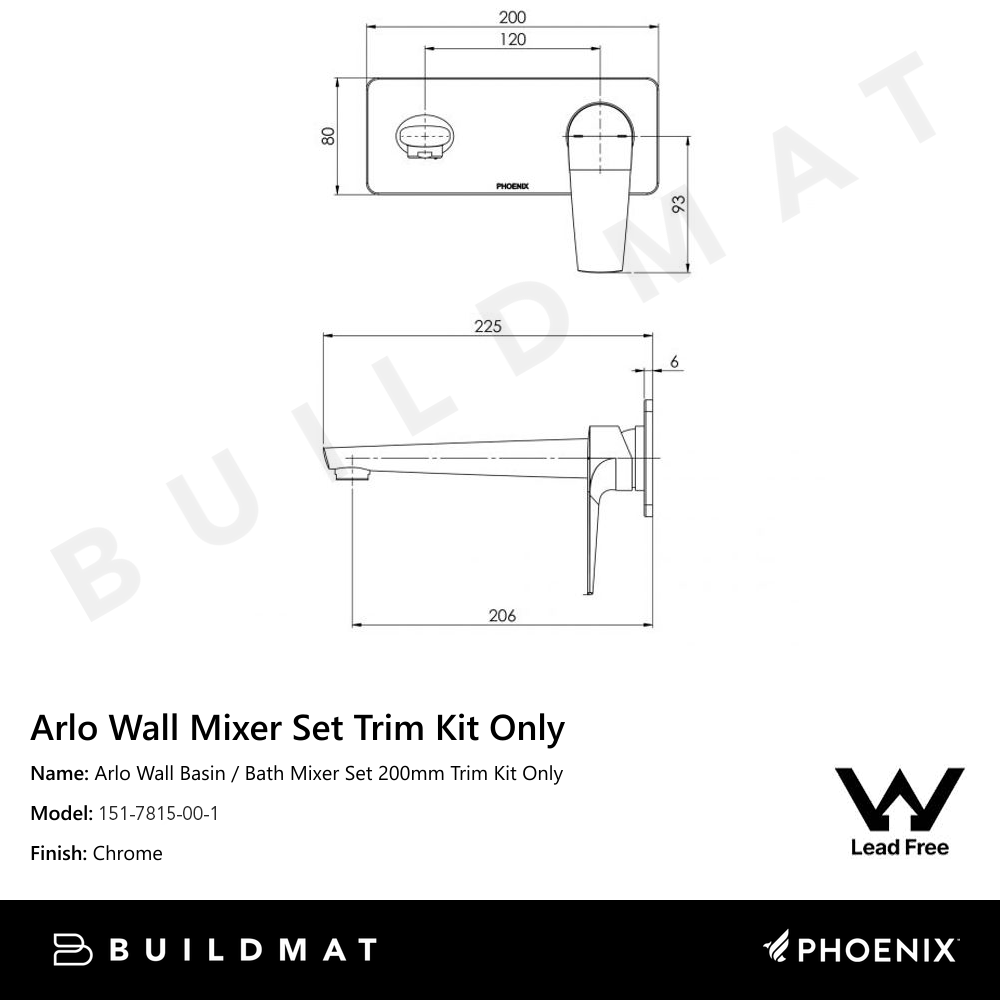 Arlo Wall Basin / Bath Mixer Set 200mm Trim Kit Only Lead Free 6 Star Chrome