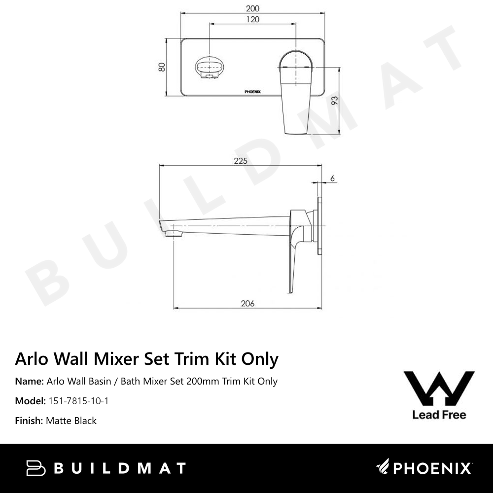 Arlo Wall Basin / Bath Mixer Set 200mm Trim Kit Only Lead Free Matte Black