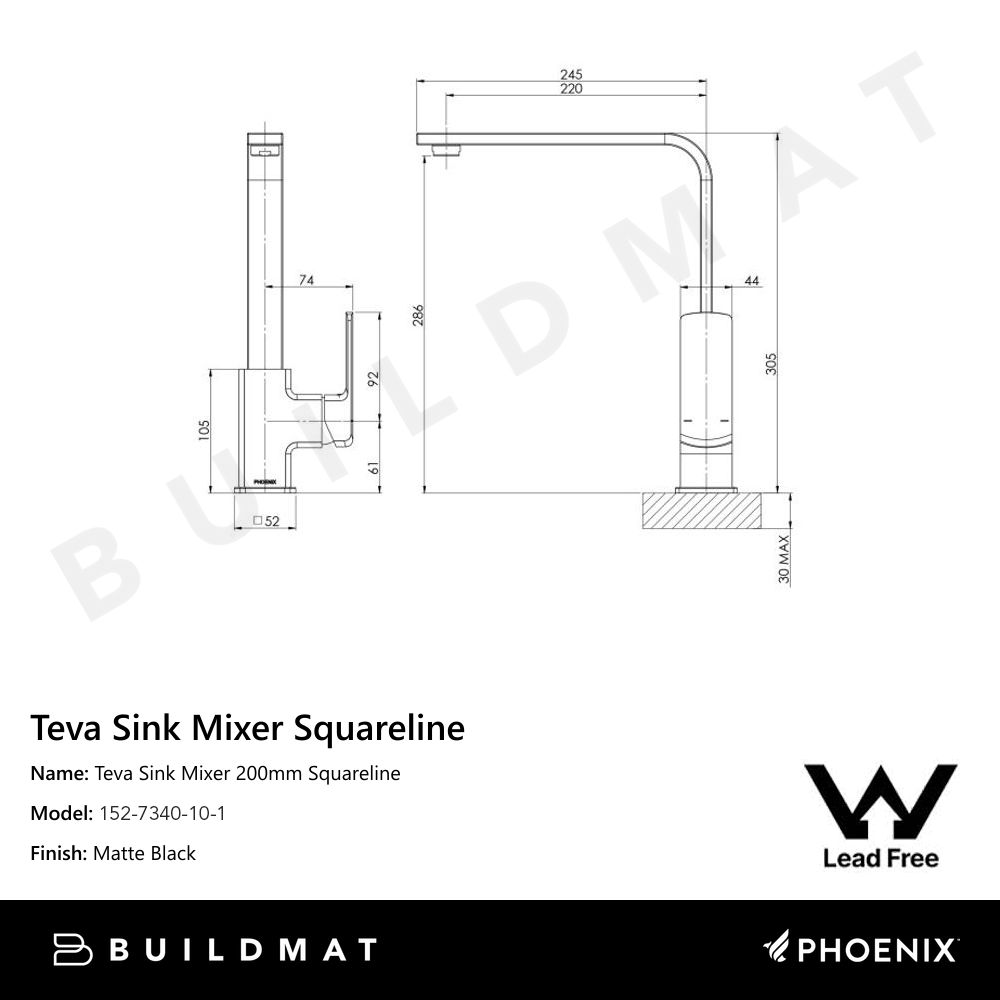 Teva Sink Mixer 200mm Squareline Lead Free 6 Star Matte Black