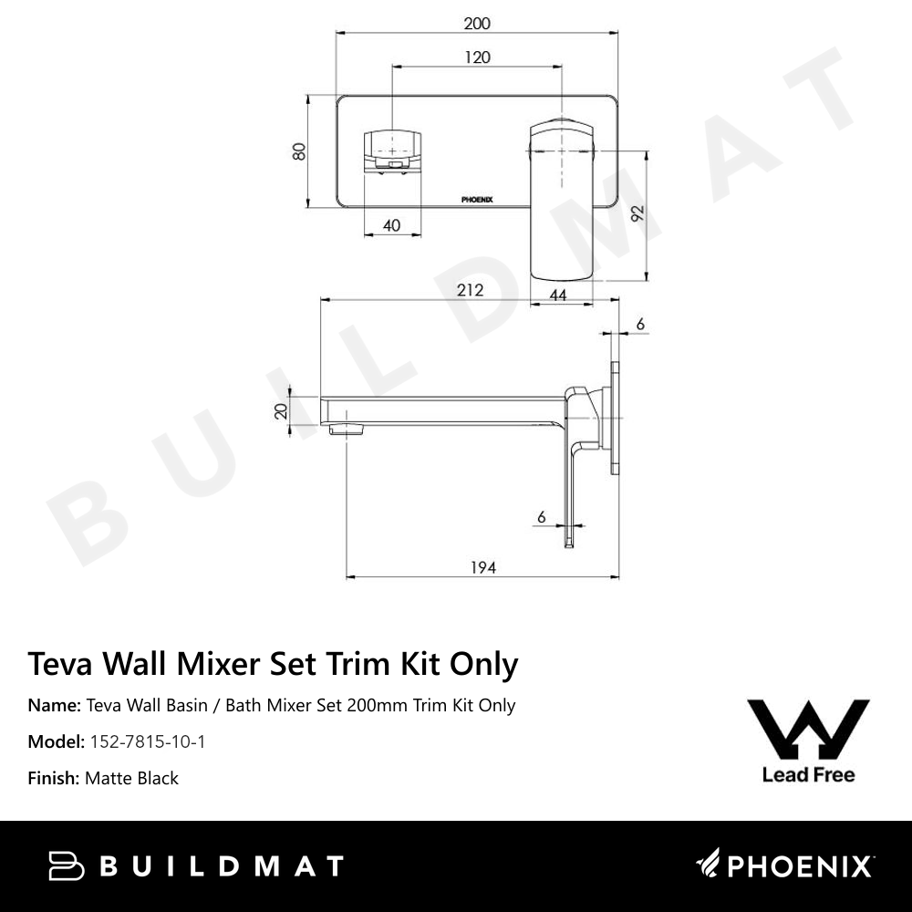 Teva Wall Basin / Bath Mixer Set 200mm Trim Kit Only Lead Free Matte Black