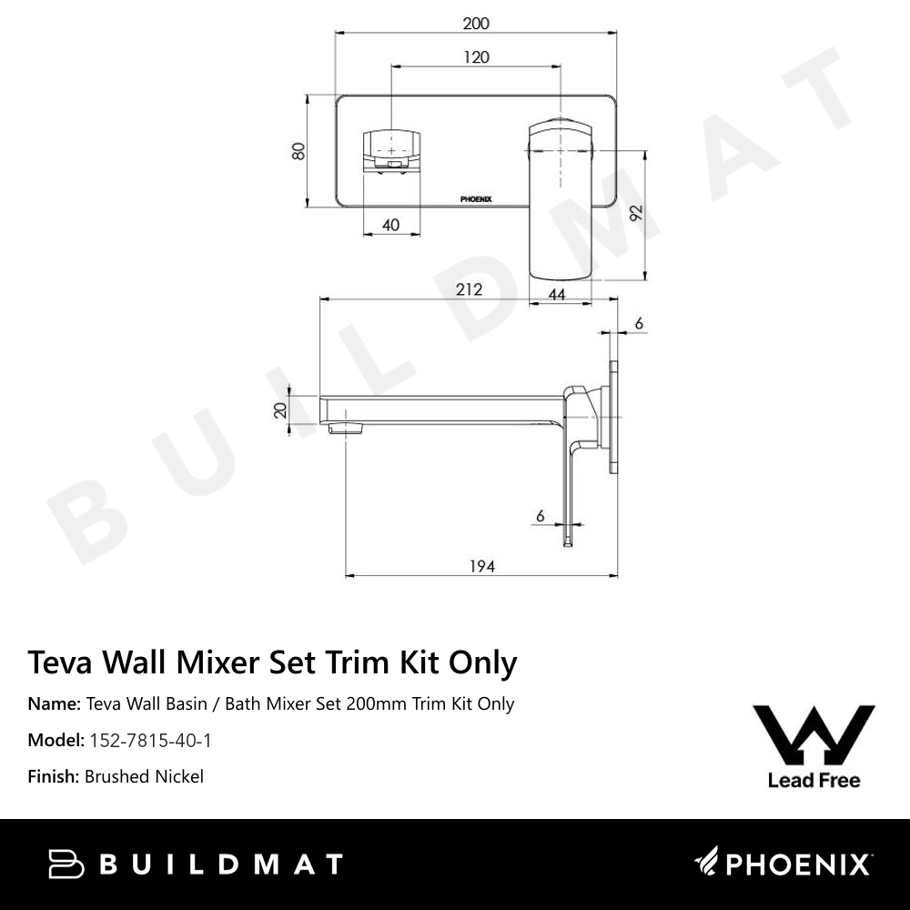 Teva Wall Basin / Bath Mixer Set 200mm Trim Kit Only Lead Free 6 Star Brushed Nickel