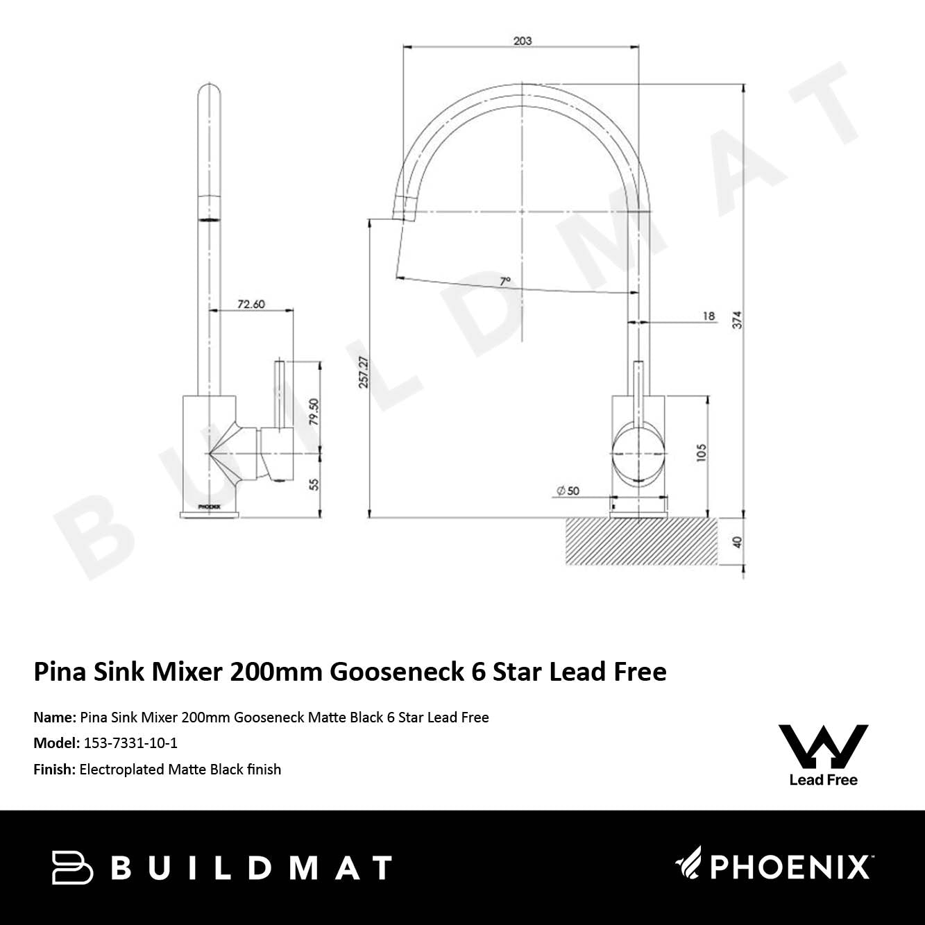 Pina Sink Mixer 200mm Gooseneck Matte Black 6 Star Lead Free