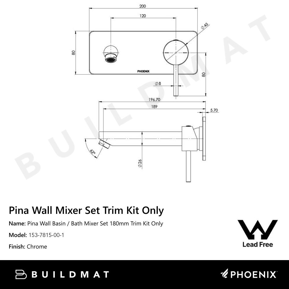 Pina Wall Basin / Bath Mixer Set 180mm Trim Kit Only Lead Free Chrome