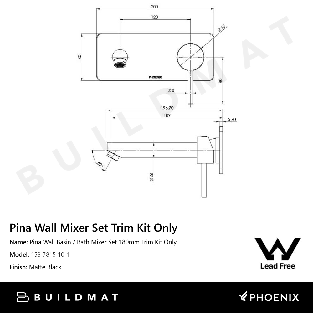 Pina Wall Basin / Bath Mixer Set 180mm Trim Kit Only Lead Free Matte Black