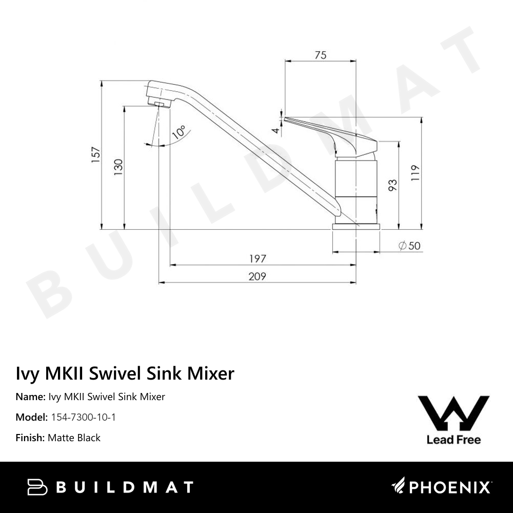 Ivy MKII Swivel Sink Mixer Lead Free Matte Black