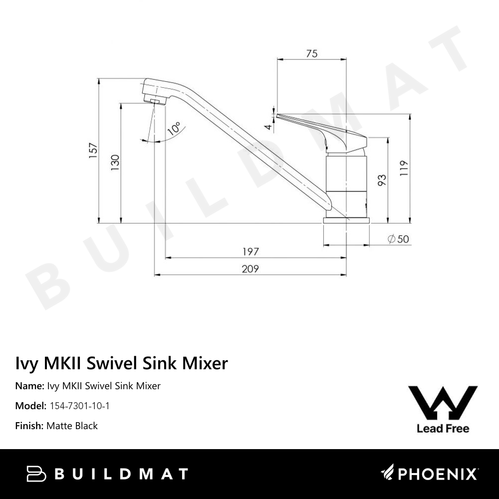 Ivy MKII Swivel Sink Mixer Lead Free 6 Star Matte Black