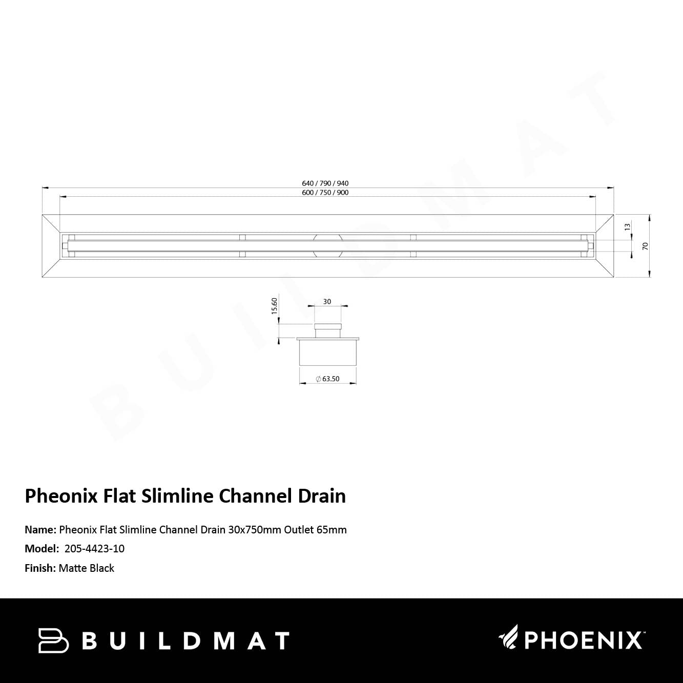 Phoenix Flat Slimline Channel Drain 30x750mm Outlet 65mm Matte Black