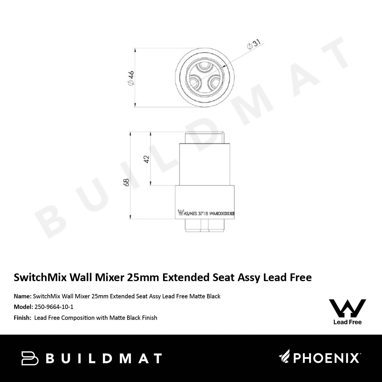 SwitchMix Wall Mixer 25mm Extended Seat Assy Lead Free Matte Black