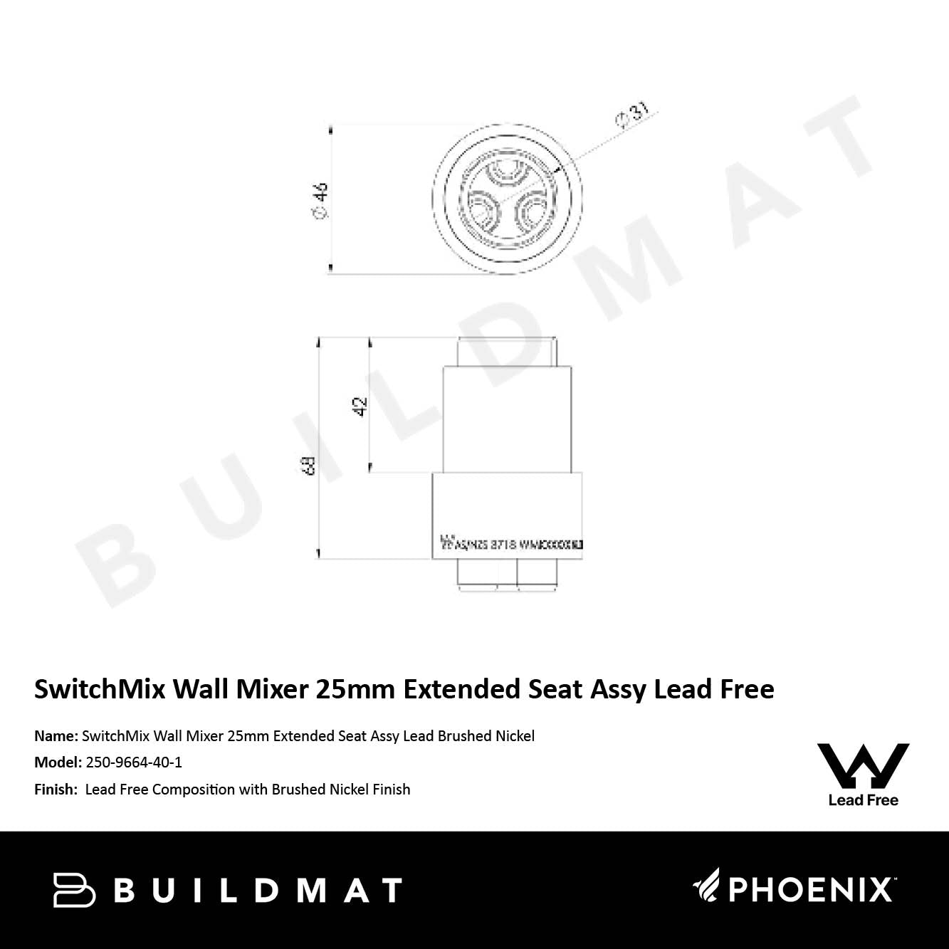 SwitchMix Wall Mixer 25mm Extended Seat Assy Lead Free Brushed Nickel