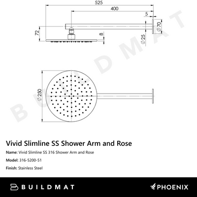Vivid Slimline SS 316 Shower Arm & 250mm Rose  Stainless Steel