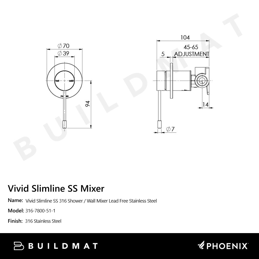 Vivid Slimline SS 316 Shower / Wall Mixer Lead Free Stainless Steel