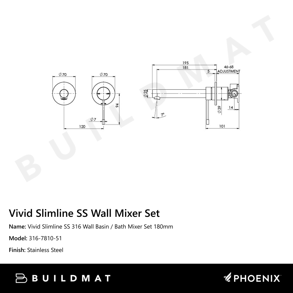 Vivid Slimline SS 316 Wall Basin / Bath Mixer Set 180mm  Stainless Steel