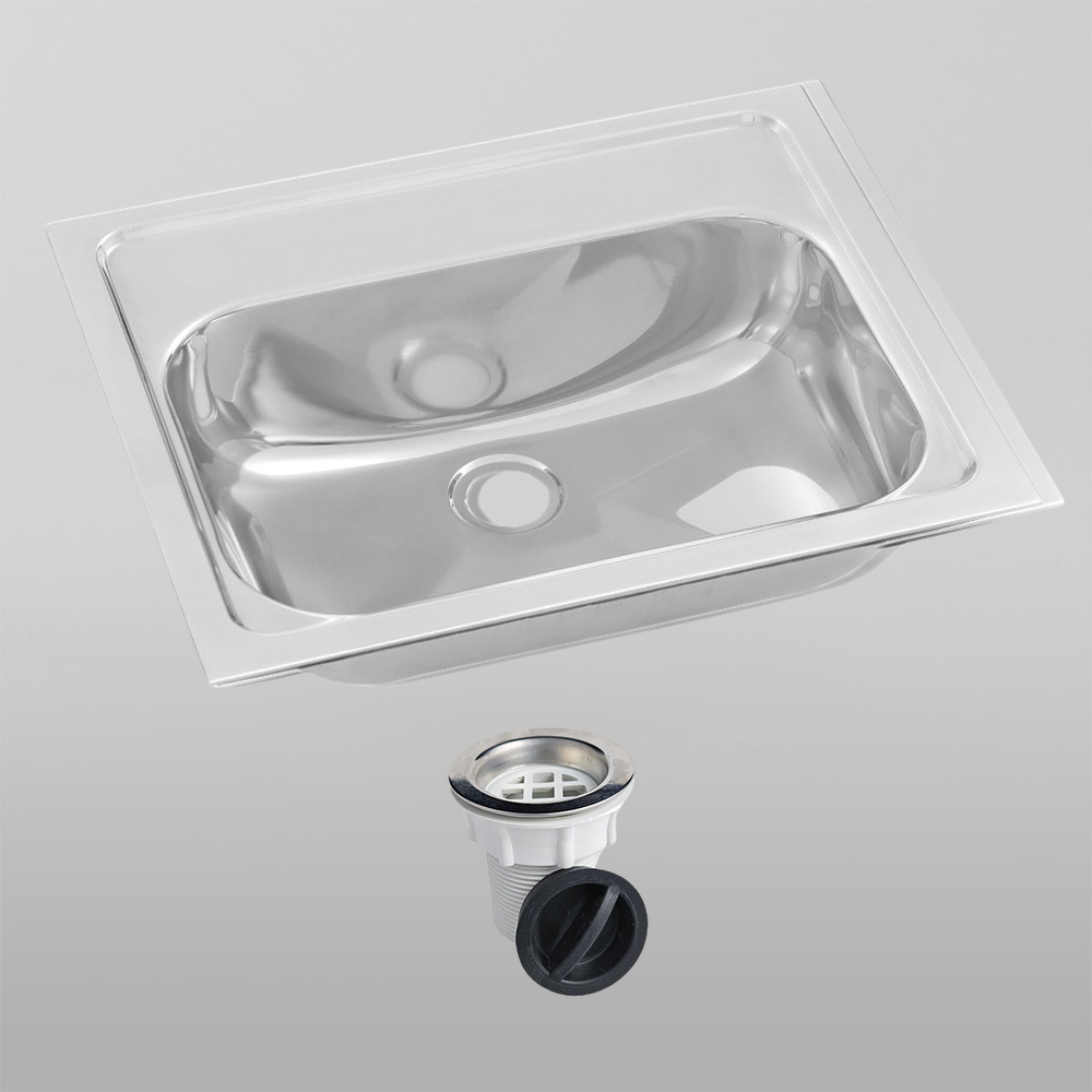 Inset Stainless Steel Hand Basin 2 Tap Hole with Plug and Waste.