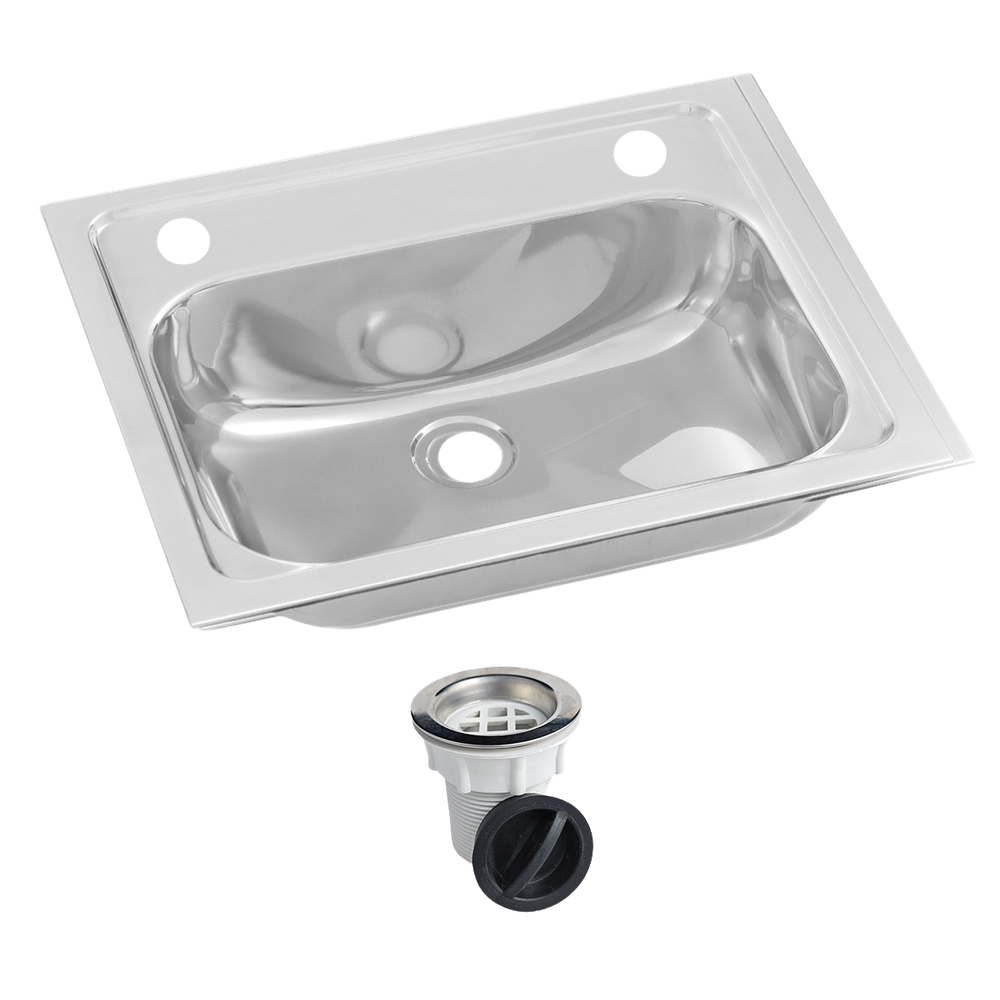 Inset Stainless Steel Hand Basin 2 Tap Hole with Plug and Waste.