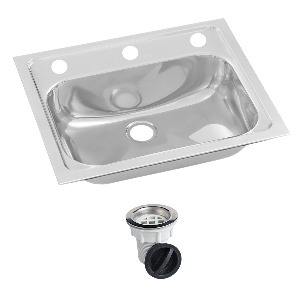 Inset Stainless Steel Hand Basin 3 Tap Hole with Plug and Waste.