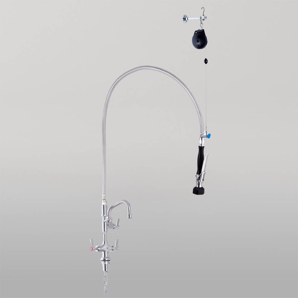 Stainless Steel Line Retractor Dual Hob Mounted Pre Rinse Unit With 6-inch Pot Filler