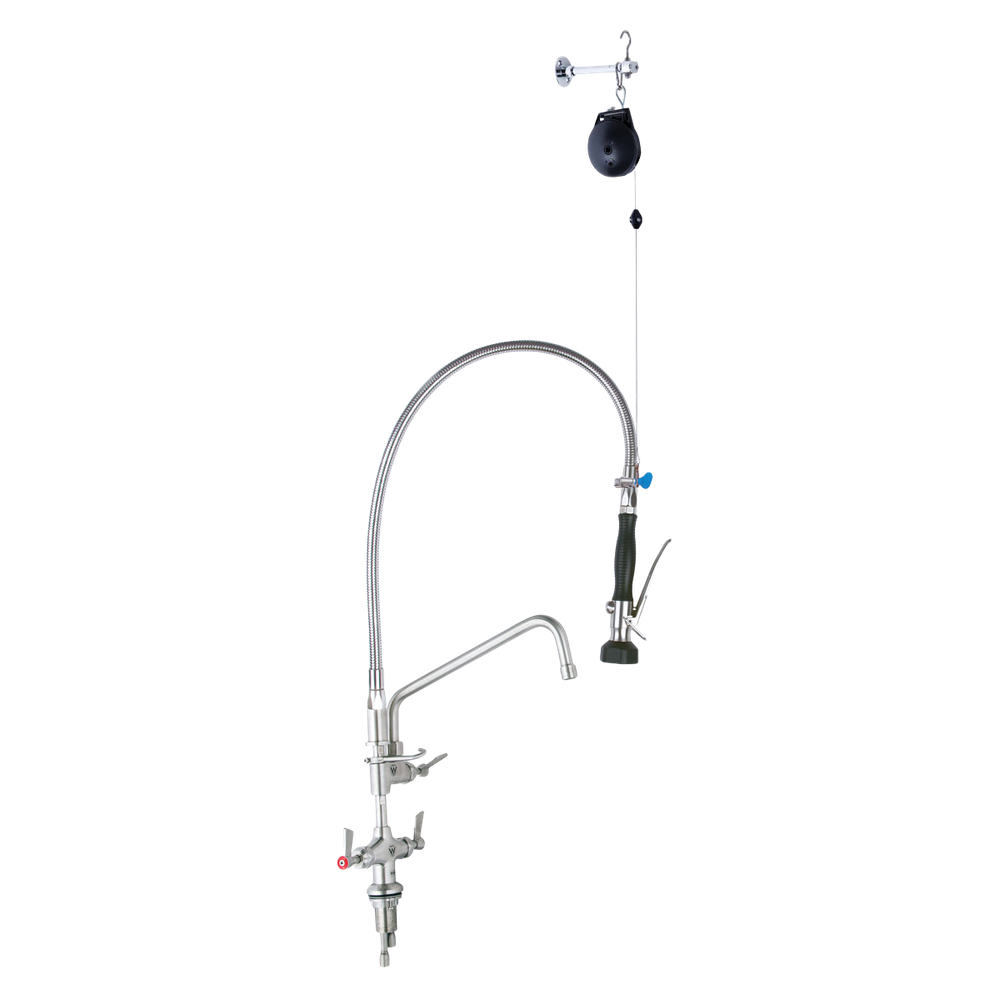 Stainless Steel Line Retractor Dual Hob Mounted Pre Rinse Unit With12-inch Pot Filler