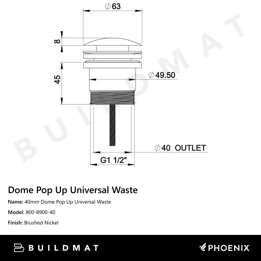 40mm Dome Pop Up Universal Waste Brushed Nickel