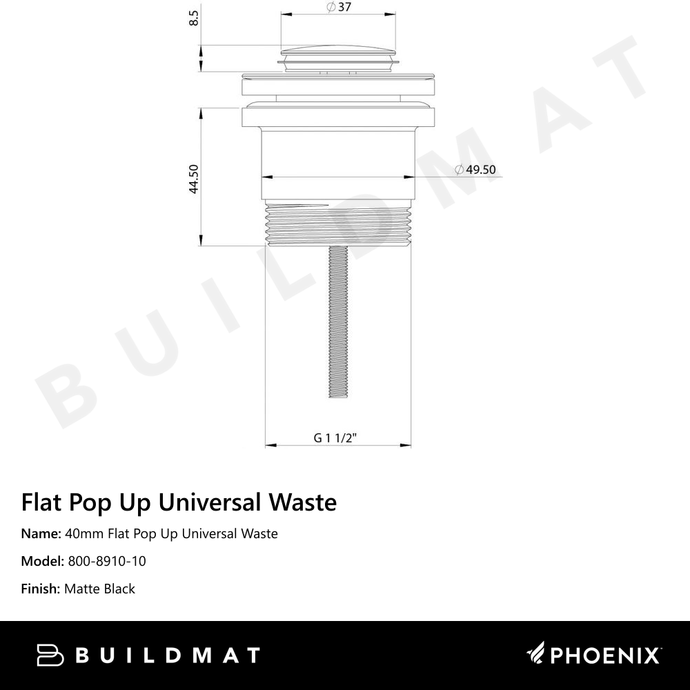 40mm Flat Pop Up Universal Waste Matte Black