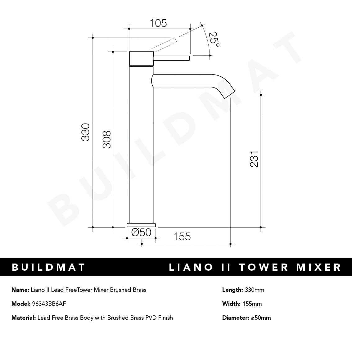 Liano II Lead Free Tower Basin Mixer Brushed Brass