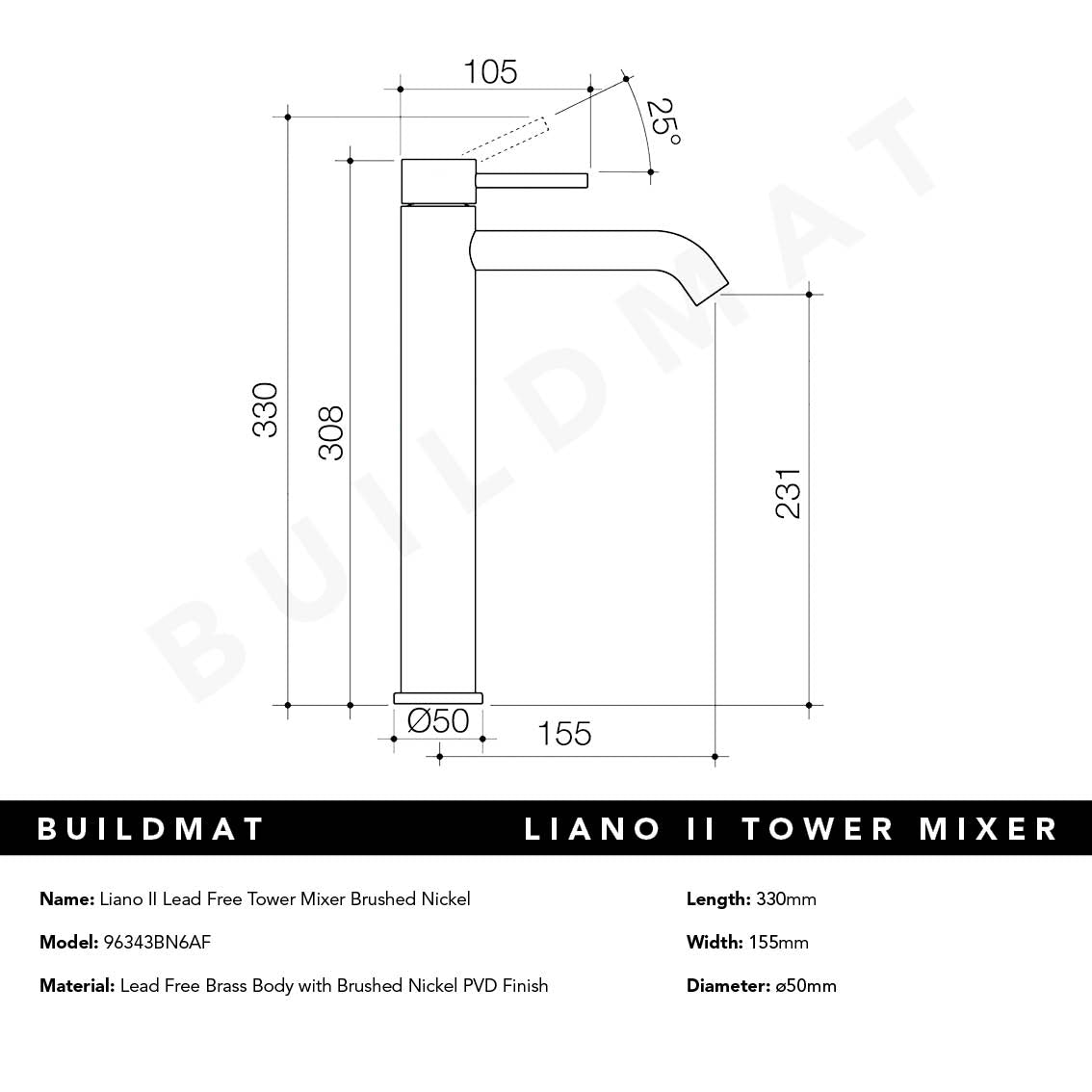 Liano II Lead Free Tower Basin Mixer Brushed Nickel