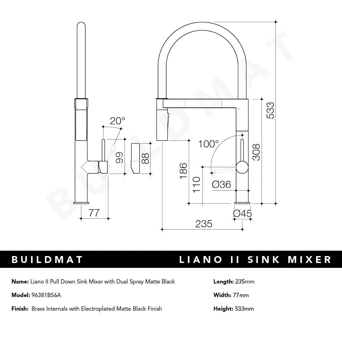 Liano II Pull Down Sink Mixer with Spray Matte Black