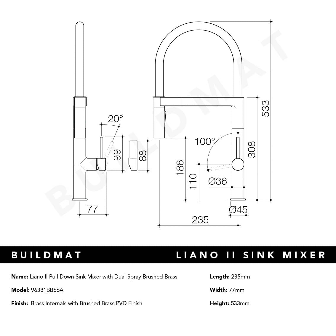 Liano II Pull Down Sink Mixer with Spray Brushed Brass