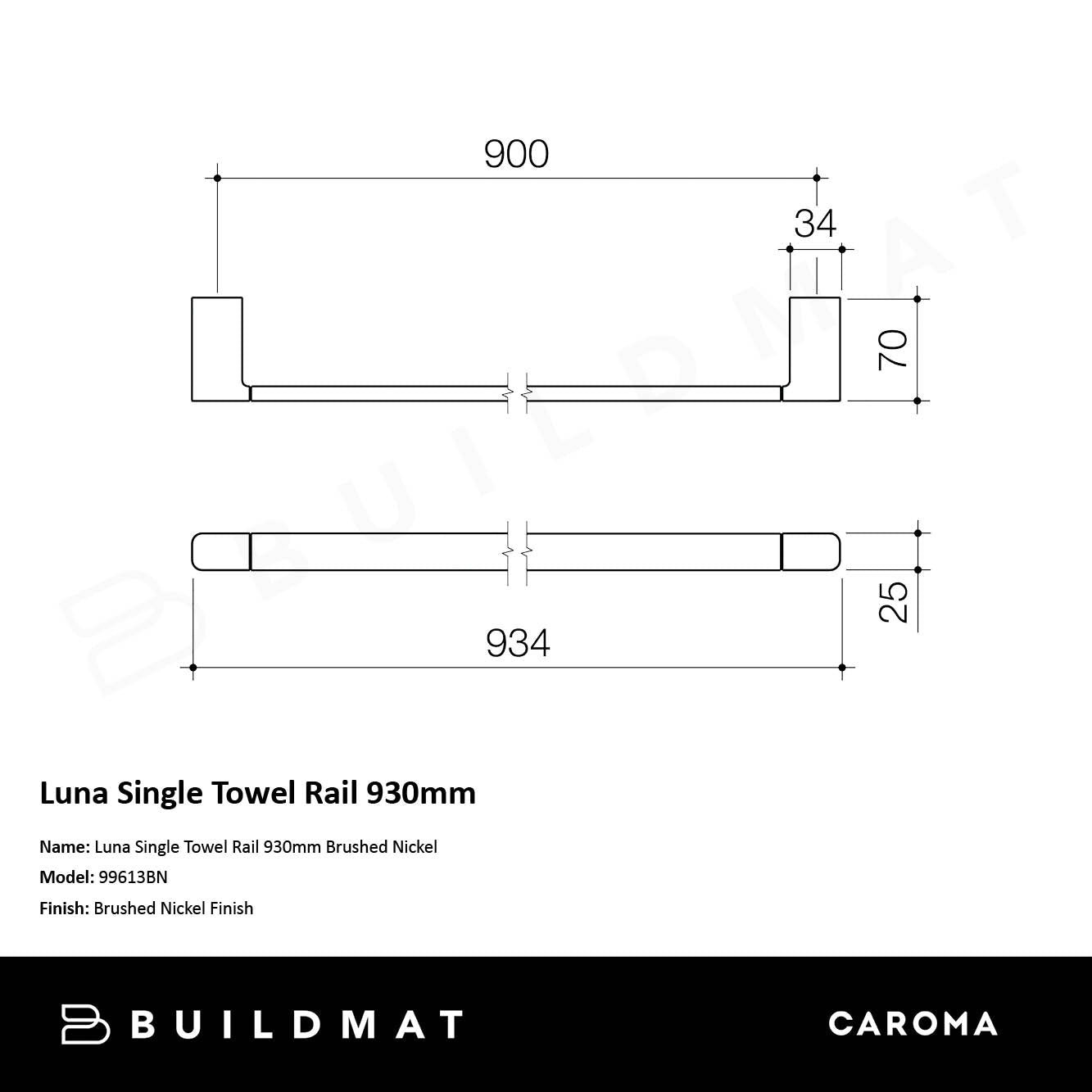 Luna Single Towel Rail 930mm Brushed Nickel