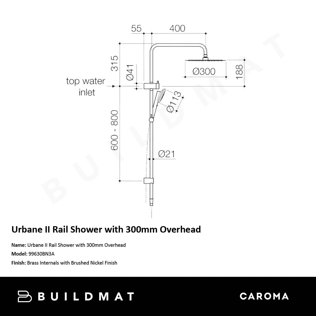 Urbane II Rail Shower with 300mm Overhead Brushed Nickel