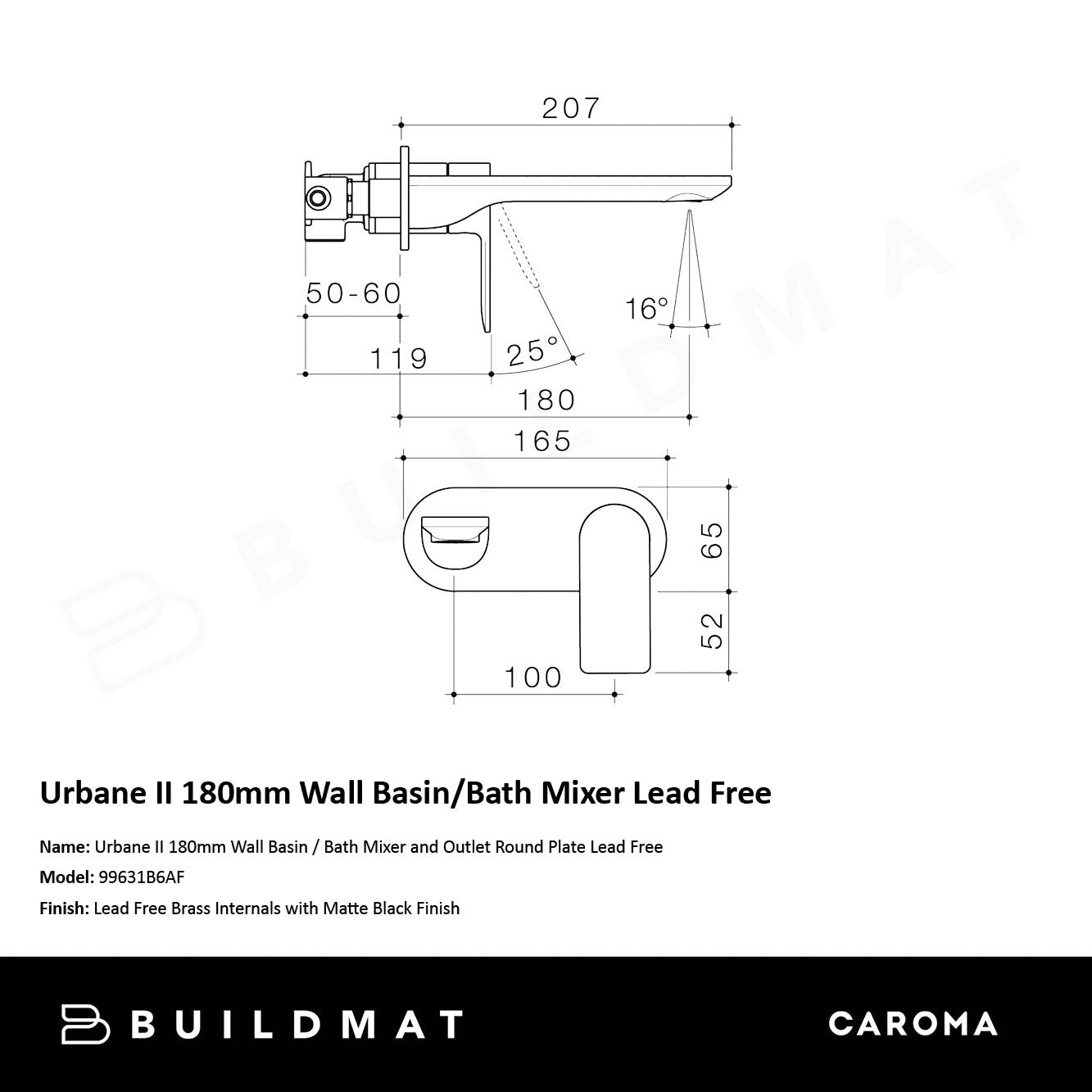 Urbane II 180mm Wall Basin/Bath Mixer and Outlet Round Plate Lead Free Matte Black