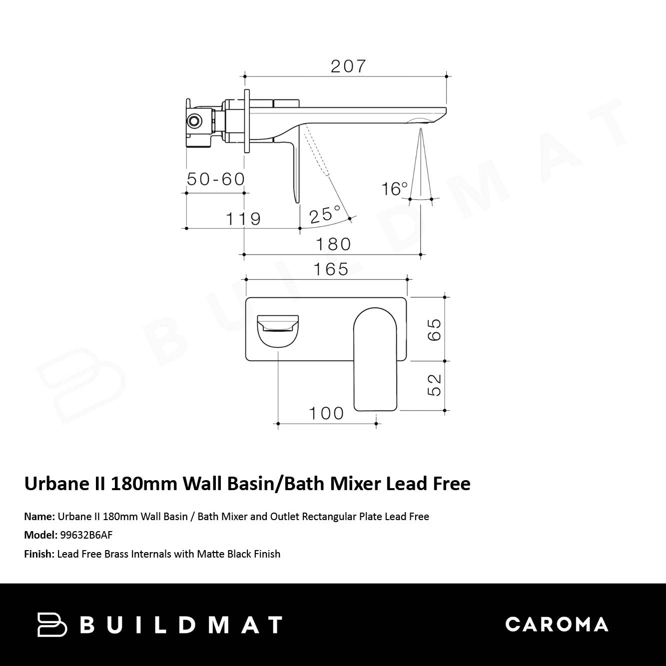 Urbane II 180mm Wall Basin/Bath Mixer and Outlet Rectangular Plate Lead Free Matte Black