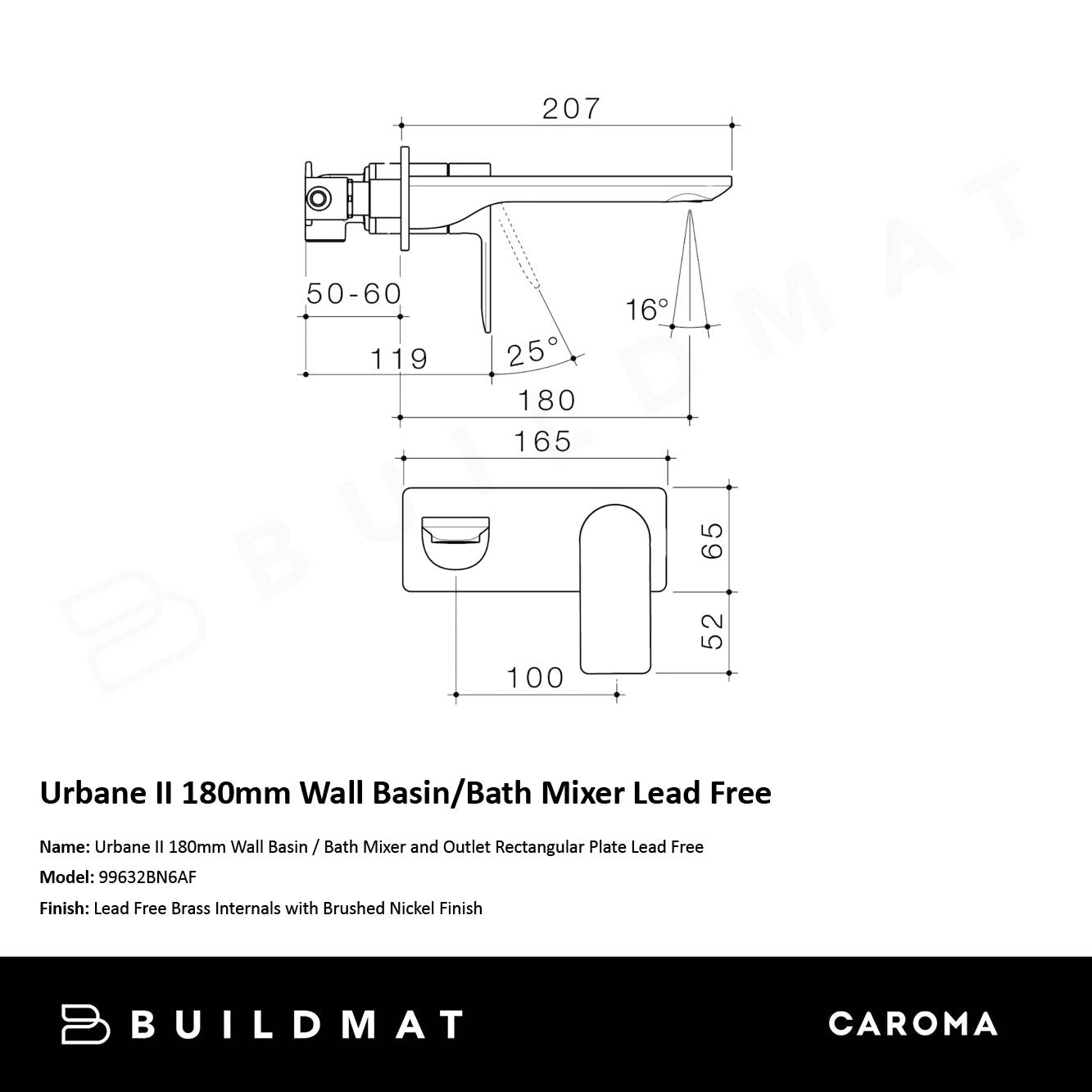 Urbane II 180mm Wall Basin/Bath Mixer and Outlet Rectangular Plate Lead Free Brushed Nickel