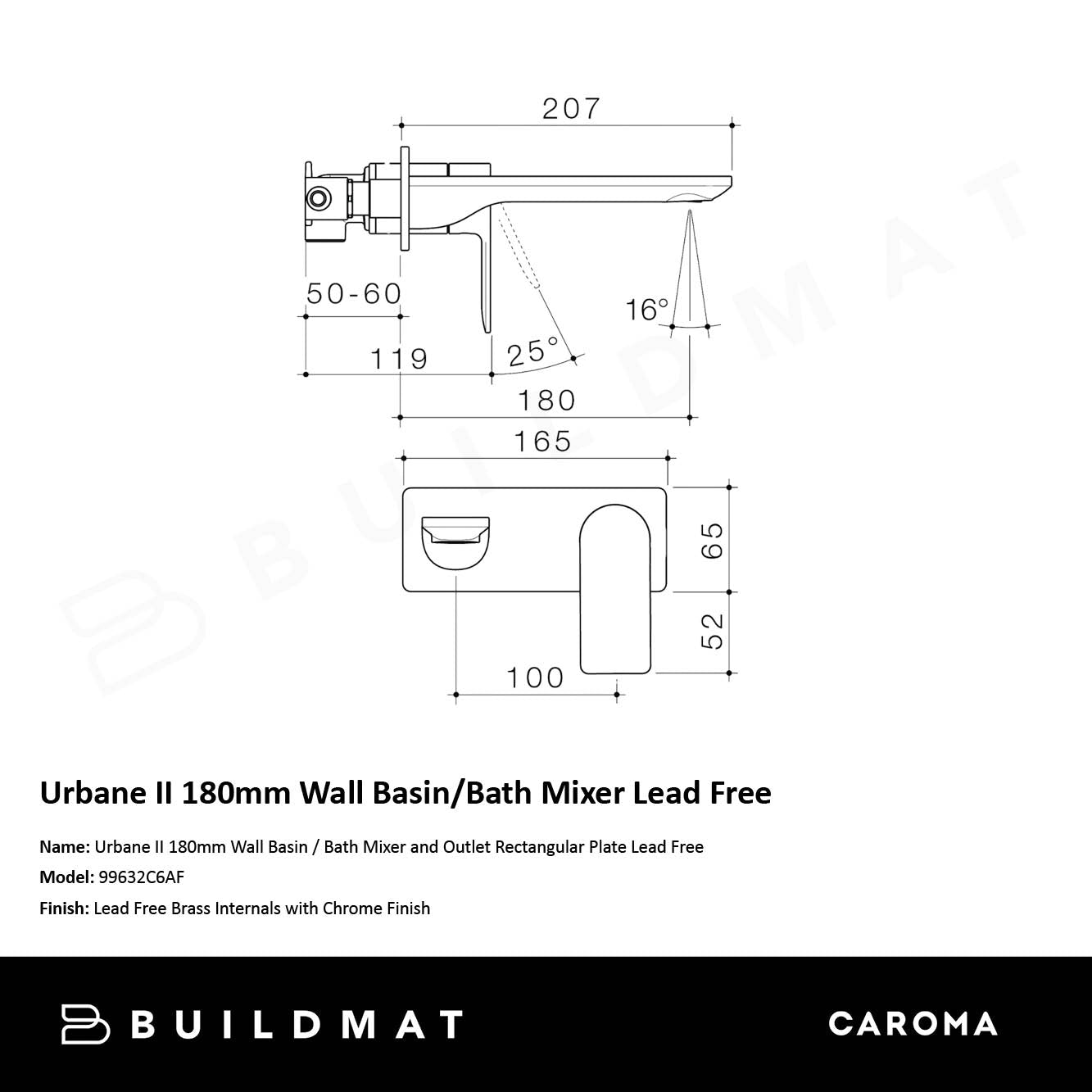 Urbane II 180mm Wall Basin/Bath Mixer and Outlet Rectangular Plate Lead Free Chrome