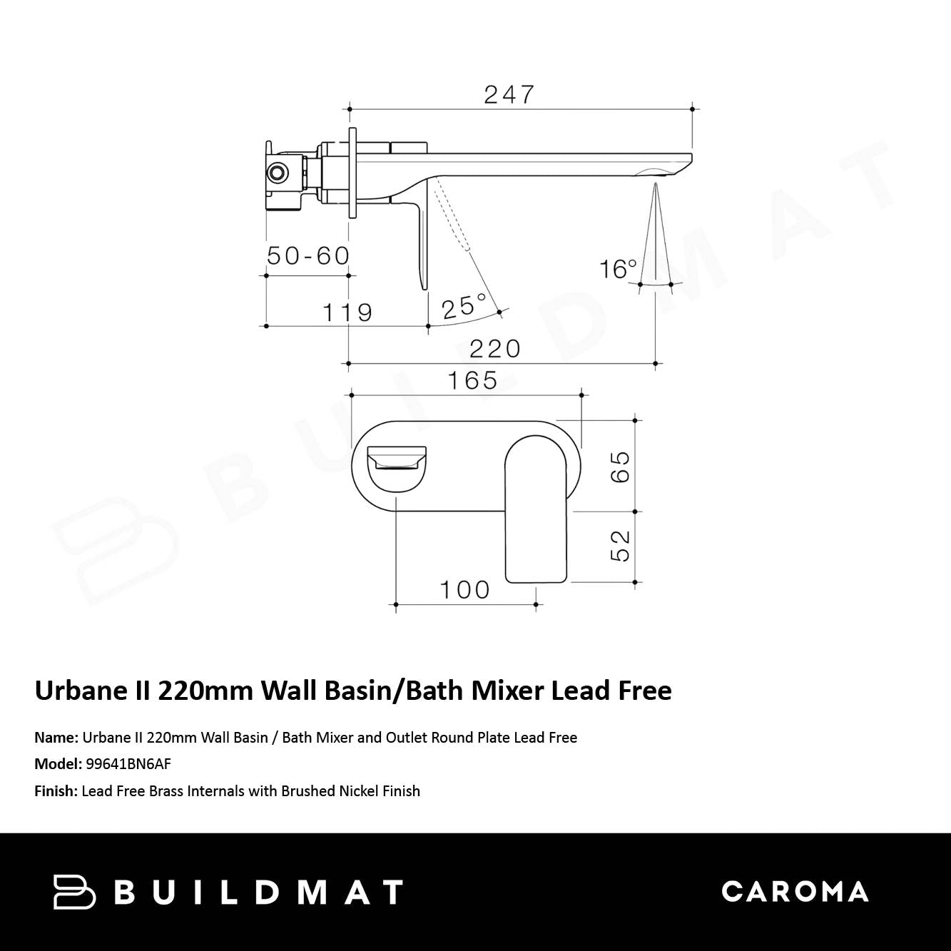 Urbane II 220mm Wall Basin/Bath Mixer and Outlet Round Plate Lead Free Brushed Nickel