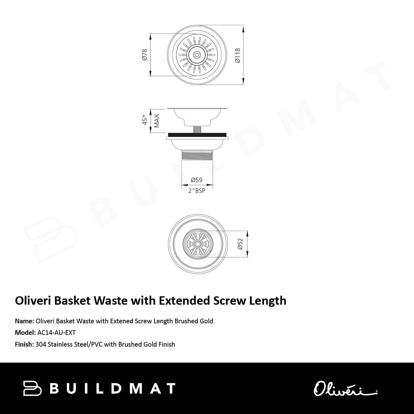 Oliveri Basket Waste with Extended Screw Length Brushed Gold