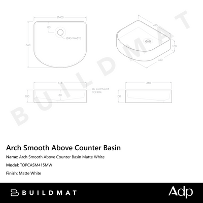 Arch Smooth Above Counter Basin Matte White