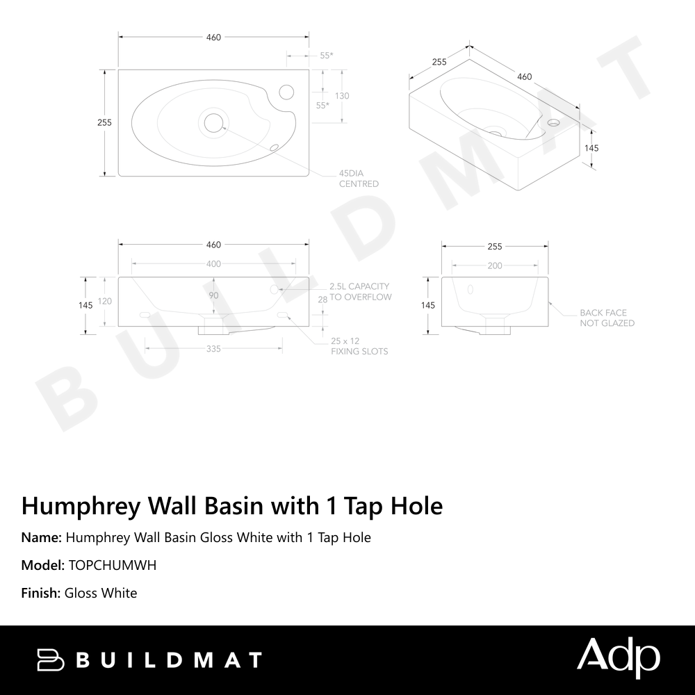 Humphrey Wall Basin Gloss White with 1 Tap Hole