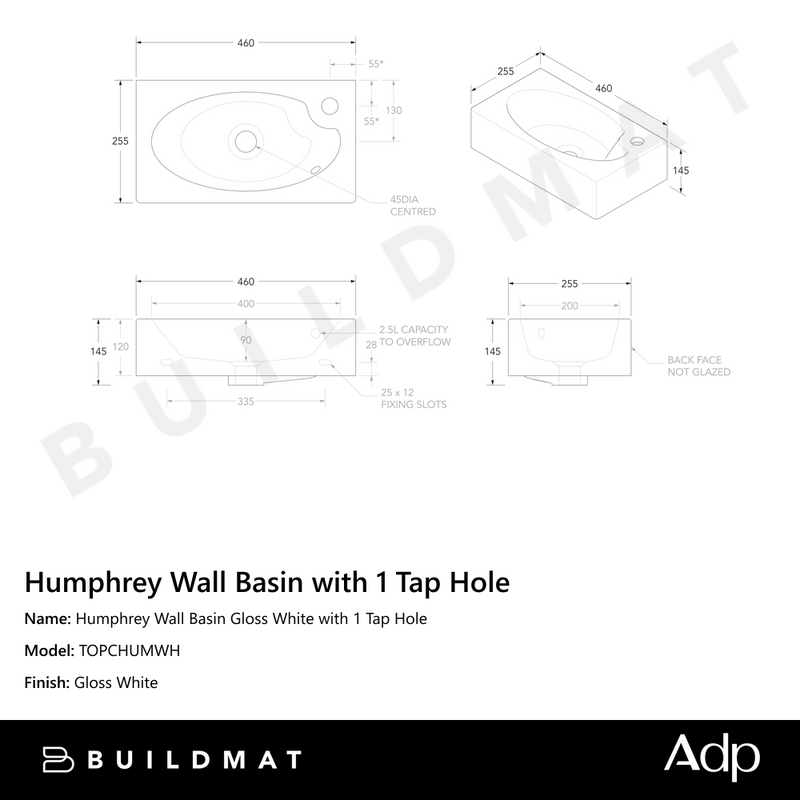 Humphrey Wall Basin Gloss White with 1 Tap Hole