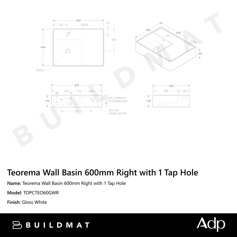 Teorema Wall Basin 600mm Right with 1 Tap Hole