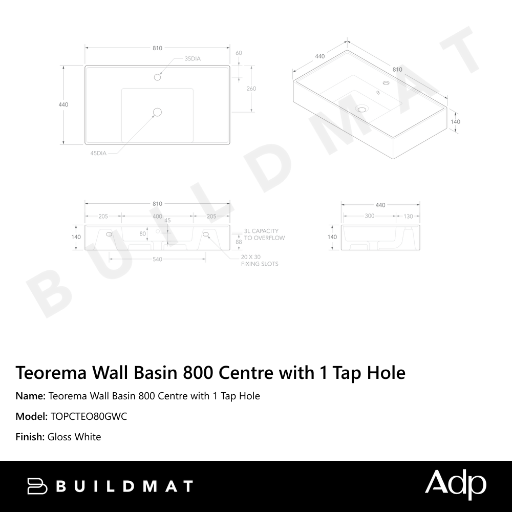 Teorema Wall Basin 800 Centre with 1 Tap Hole