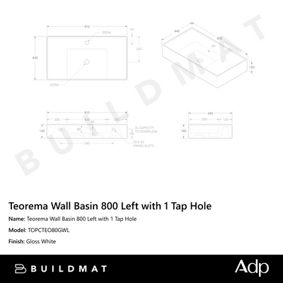 Teorema Wall Basin 800 Left with 1 Tap Hole