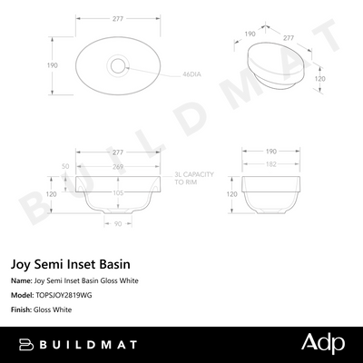 Joy Semi Inset Basin Gloss White