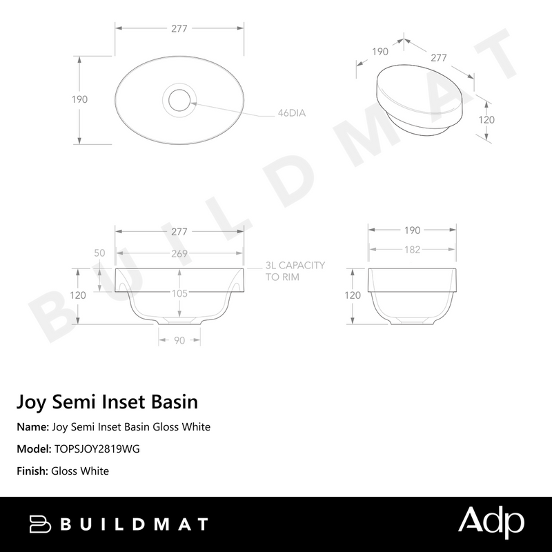 Joy Semi Inset Basin Gloss White