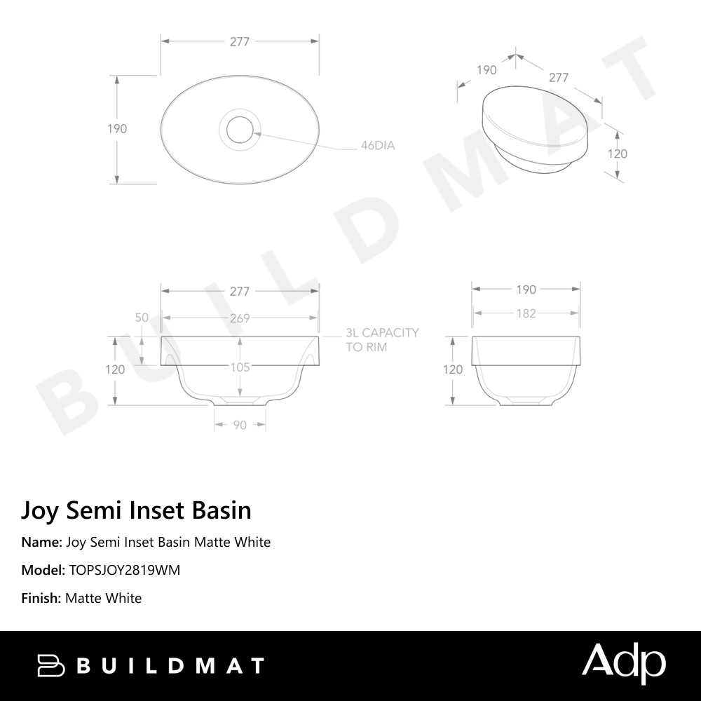 Joy Semi Inset Basin Matte White