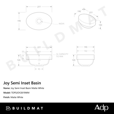 Joy Semi Inset Basin Matte White