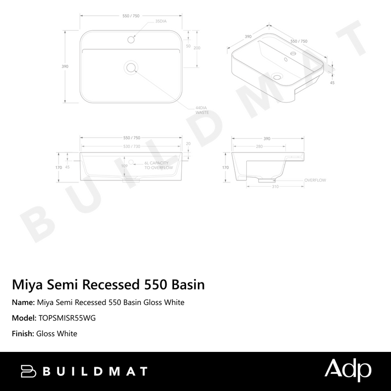 Miya Semi Recessed 550 Basin Gloss White