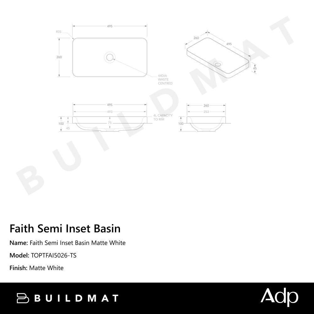 Faith Semi Inset Basin Matte White