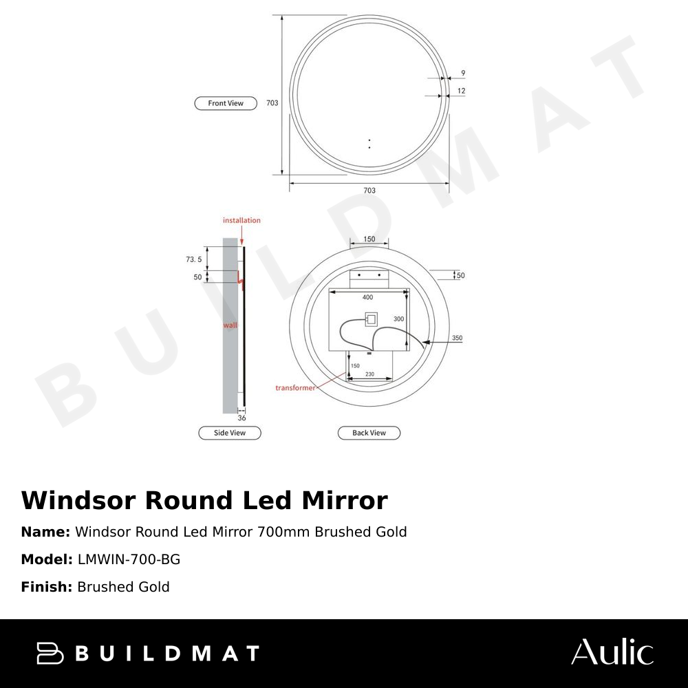 Windsor Round LED Mirror 700mm Brushed Gold