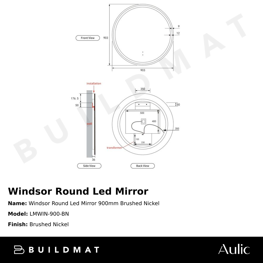 Windsor Round LED Mirror 900mm Brushed Nickel